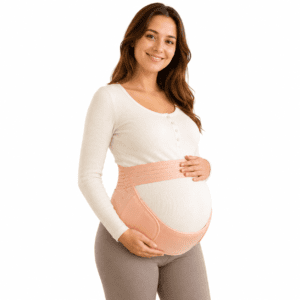 Pregnant woman wearing a maternity belly support band for pregnancy abdominal and lower back support