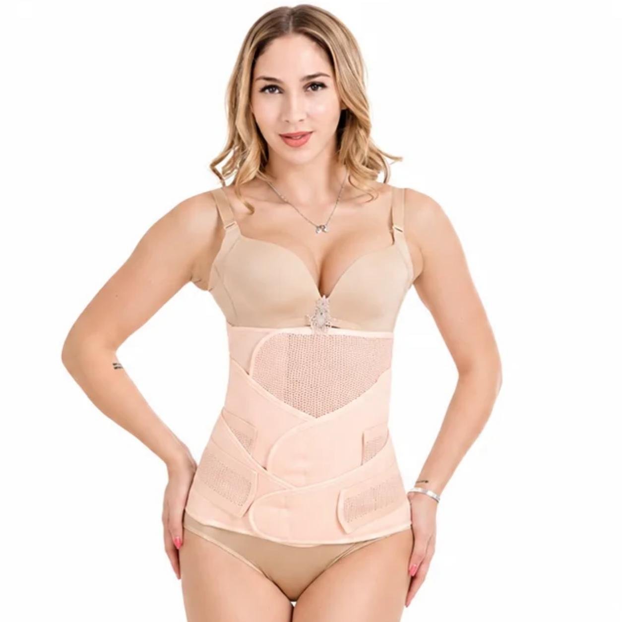 Woman wearing 3 in 1 postpartum belt with 3-piece mother belly support belts for postpartum recovery and abdominal support.