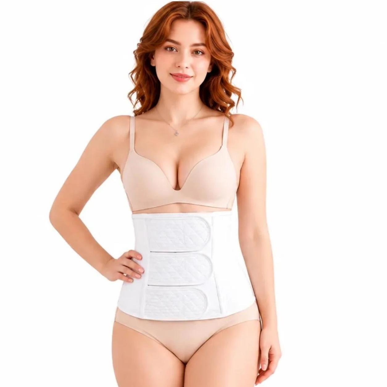 Woman wearing a belly wrap postpartum belt c-section wrap for abdominal support and postpartum recovery