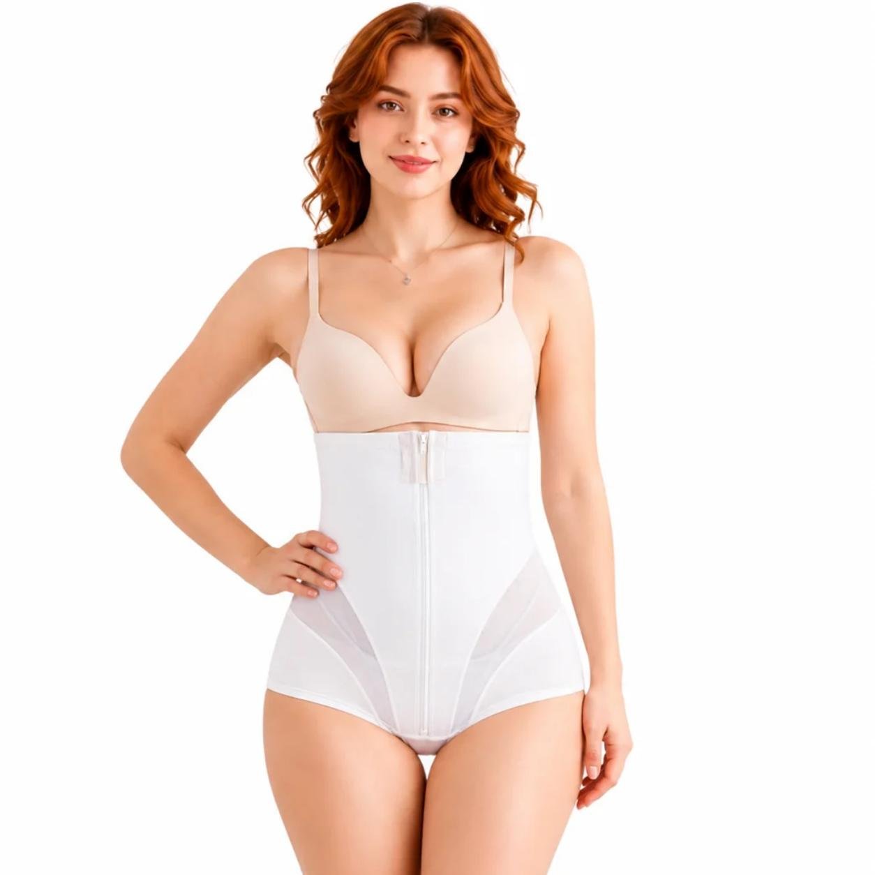 Woman wearing high waist postpartum tummy control panties with abdominal compression, waist shaping support, and seamless recovery design