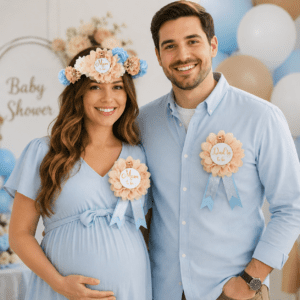 Expecting mother wearing elegant blue Mom to Be baby shower sash with matching Dad to Be and Mom to Be badges