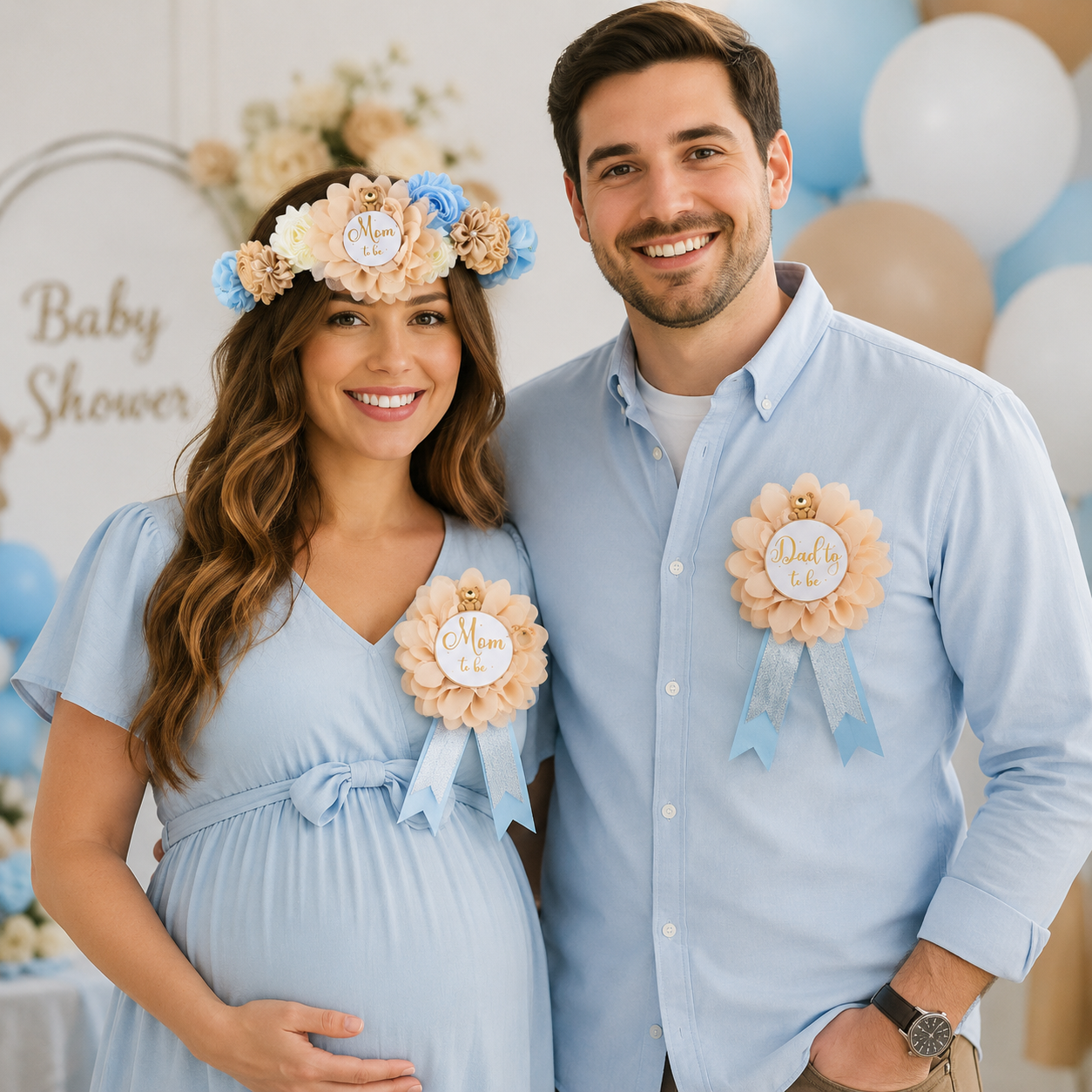 Expecting mother wearing elegant blue Mom to Be baby shower sash with matching Dad to Be and Mom to Be badges