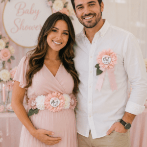 Pregnant woman wearing elegant pink Mom to Be baby shower sash with matching Mom and Dad to Be pins