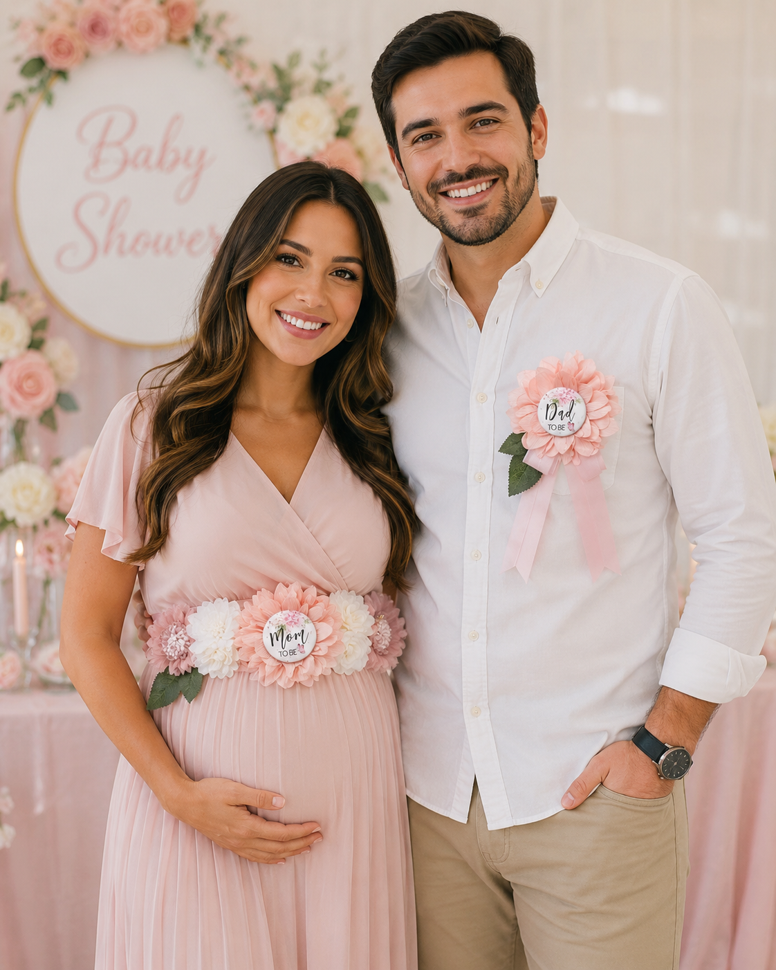 Pregnant woman wearing elegant pink Mom to Be baby shower sash with matching Mom and Dad to Be pins