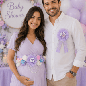 Elegant brown floral Mom to Be maternity sash with matching baby shower pins for expecting parents