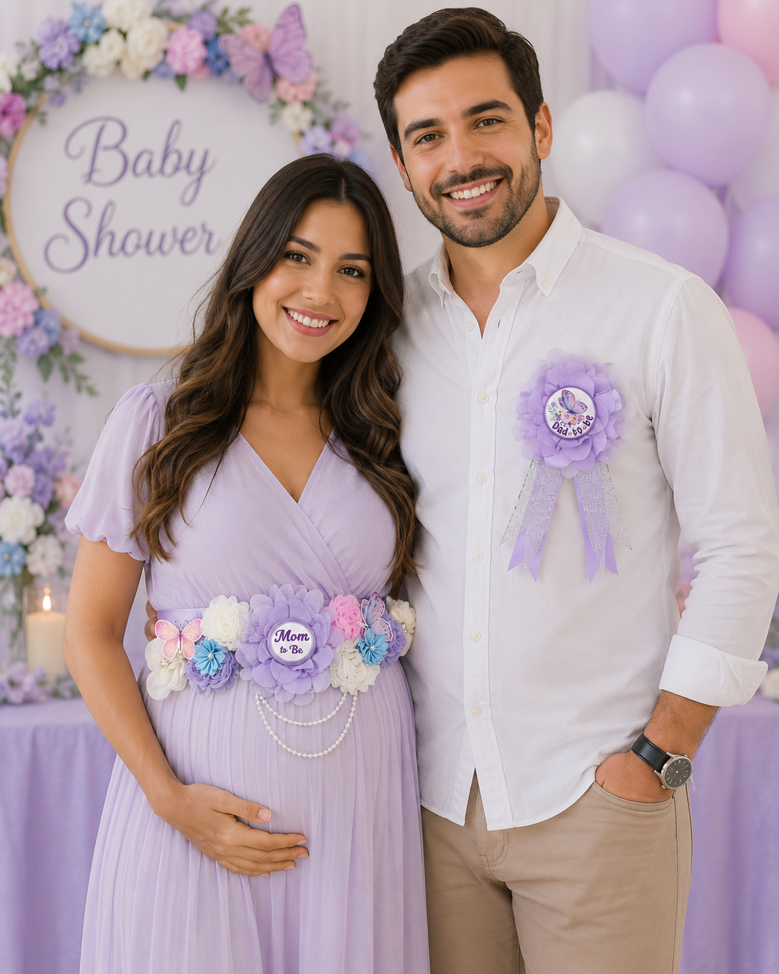 Elegant brown floral Mom to Be maternity sash with matching baby shower pins for expecting parents