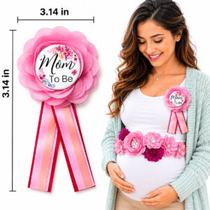 Pink Mom to Be baby shower pin badge floral maternity corsage worn by pregnant woman