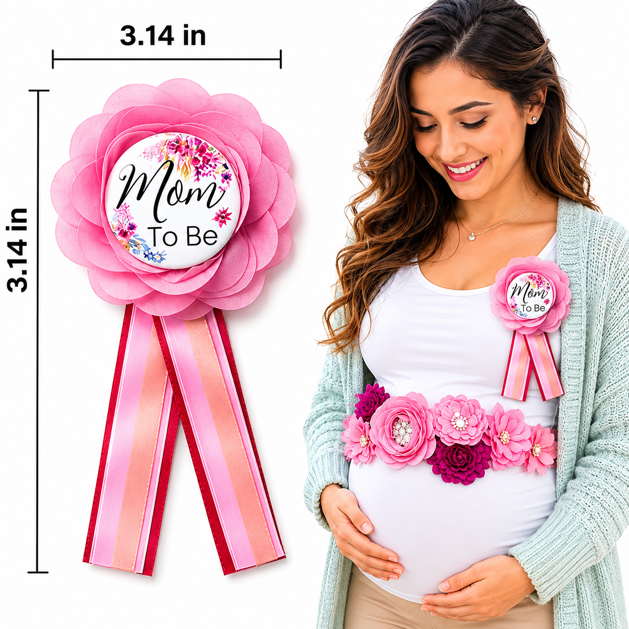 Pink Mom to Be baby shower pin badge floral maternity corsage worn by pregnant woman