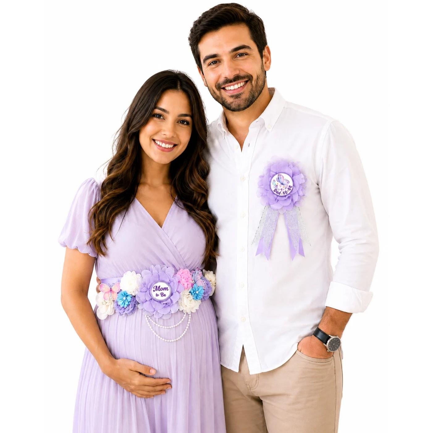 Pregnant woman wearing purple Mom to Be baby shower sash with matching Dad to Be pin